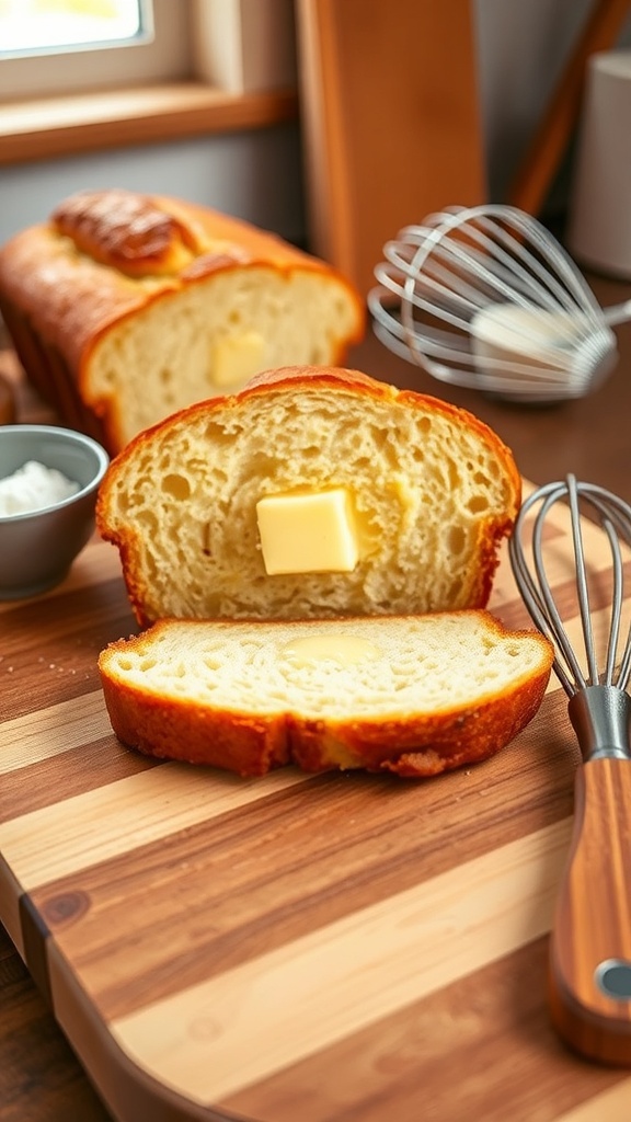 90-Second Low Carb Keto Bread Recipe A slice of golden brown low carb keto bread with melting butter on a cutting board.